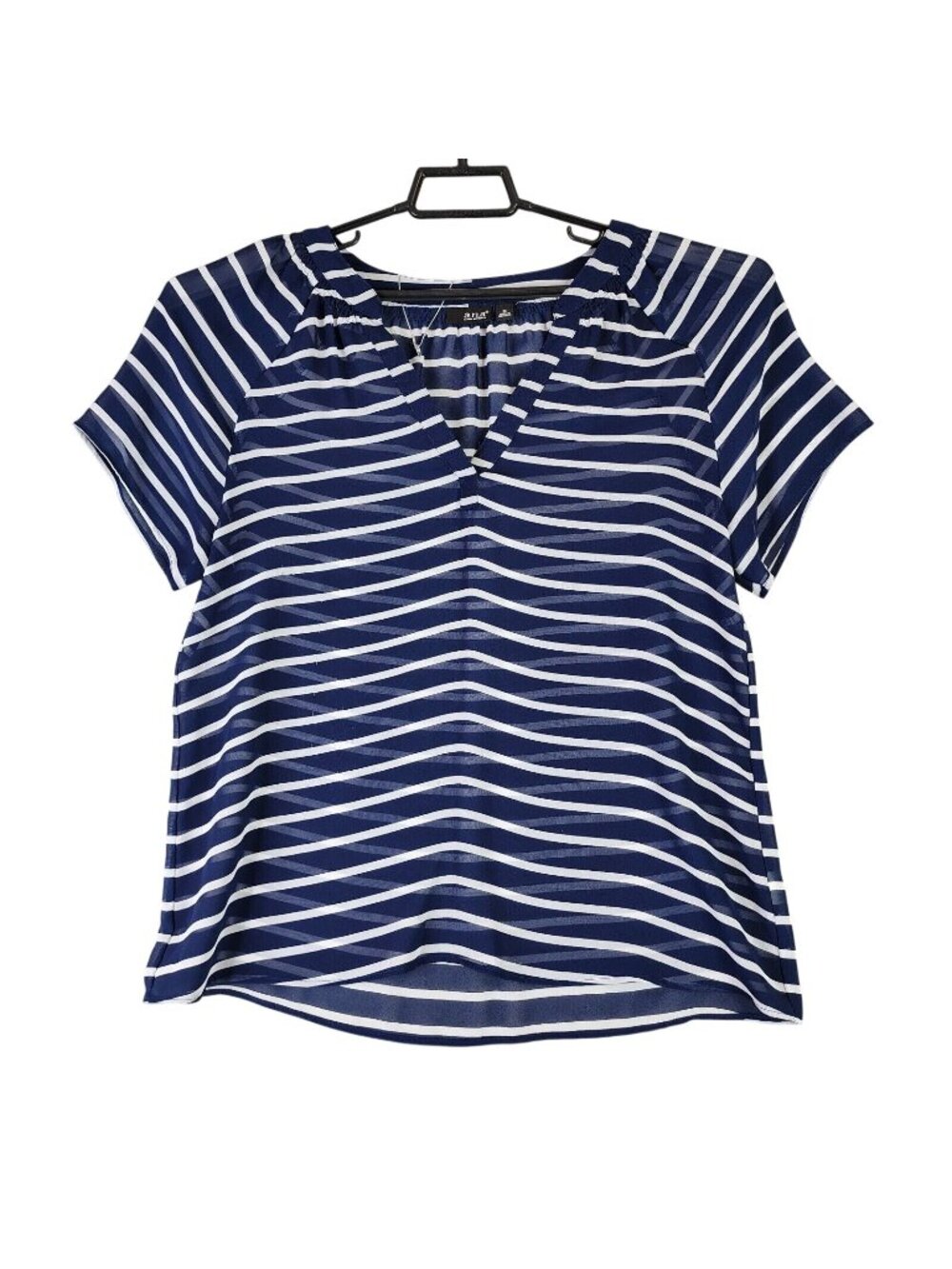 Womens a.n.a Sheer Blue & White Striped V Neck Top Shirt Size M